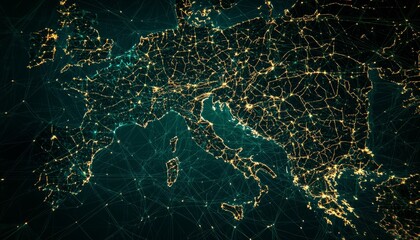 Obraz premium Network of Illuminated Cities Across Europe Showcasing Urban Connectivity at Night