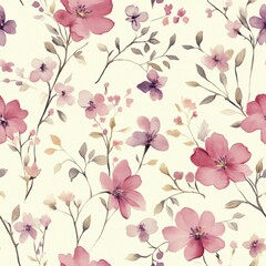 Sweet pink flower watercolor seamless pattern on cream background .soft pastel colors water color seamless pattern for beauty products or other.