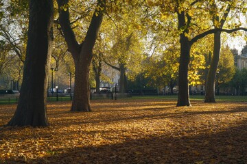 Fototapeta premium Autumn Sunlight Illuminates Golden Leaves In A City Park