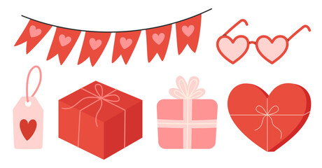 Valentine's day celebration. Red heart, gifts boxes and decors set. Romantic elements set. Love stickers. Flat Vector illustration isolated on white background 