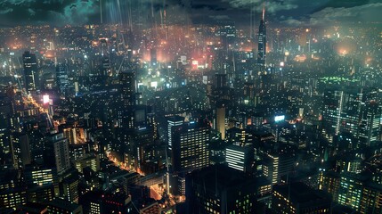 Futuristic night cityscape with illuminated lights and dynamic data streams in a modern style