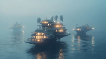 Fototapeta premium Ethereal floating structures amidst foggy waters, illuminated by warm lights.