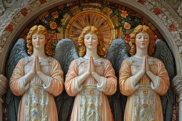 Obraz premium Three angels with closed eyes and clasped hands wear vibrant, floral-adorned robes