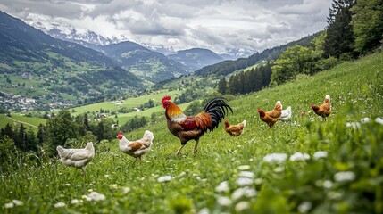 Fototapeta premium Rooster and hens roam free in a lush green meadow with mountain backdrop.