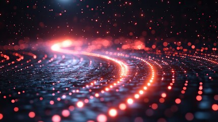 Grid network and cyber connection with path, texture, and pattern with a frame on a digital abstract matrix. Neon light, future technology, and system information with particles on a dark cyberspace