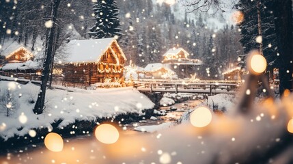 Naklejka premium New year celebration in a snowy village winter wonderland festive atmosphere scenic view cozy environment