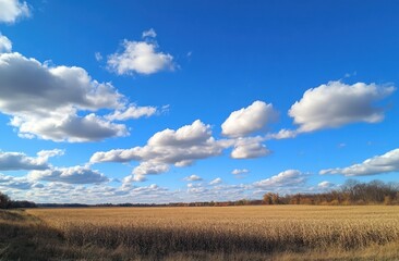 Fototapeta premium Autumnal Field Under a Blue Sky with Puffy Clouds