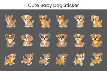 A cute puppy cartoon sticker vector. Cute baby dog flat illustration on white background