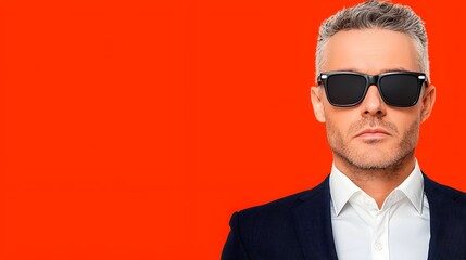 Confident Man in Sunglasses Posing Against Vibrant Red Background