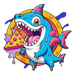 Cartoon shark eating pizza vector illustration