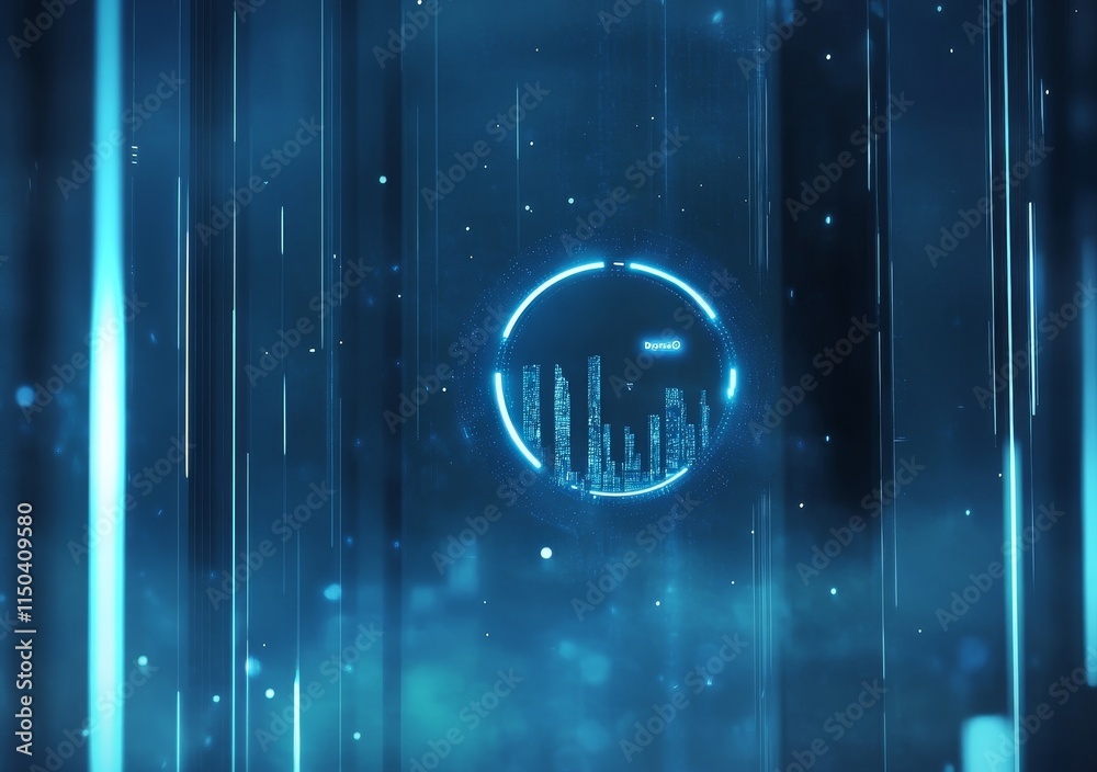 Poster digital abstract representation of data visualization with glowing blue elements, showcasing bar gra