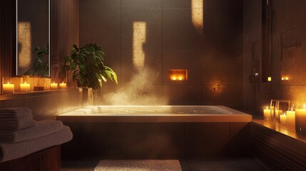 Steamy bath in a modern, candlelit bathroom with a spa-like atmosphere.