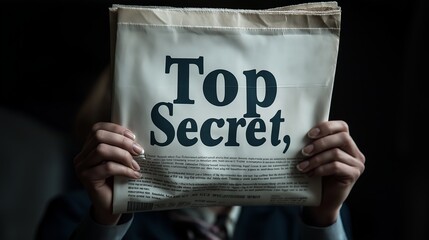 A person holding a blurred newspaper with a prominent headline reading 'Top Secret,' against a dark background
