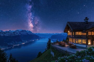 Fototapeta premium Mountaintop Restaurant Underneath a Starry Night Sky