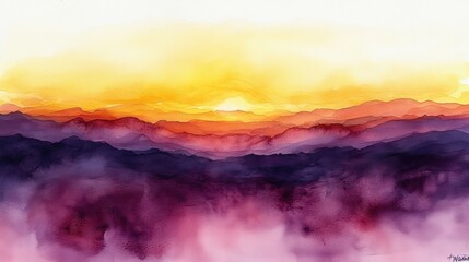 Abstract watercolor painting of a sunset over layered mountains in purple, orange, and yellow hues.