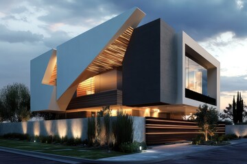 Architecturally stunning modern home facade with an asymmetric design and integrated outdoor lighting.