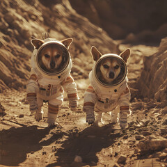Two dogs wearing space suits are walking on a rocky surface