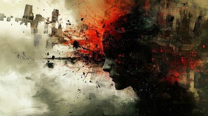 An intense depiction of the chaos and destruction of war, with explosive imagery symbolizing the turmoil within the mind