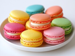Obraz premium A colorful assortment of macarons arranged on a white plate.