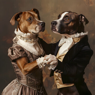 Two dogs dressed in fancy clothes are dancing