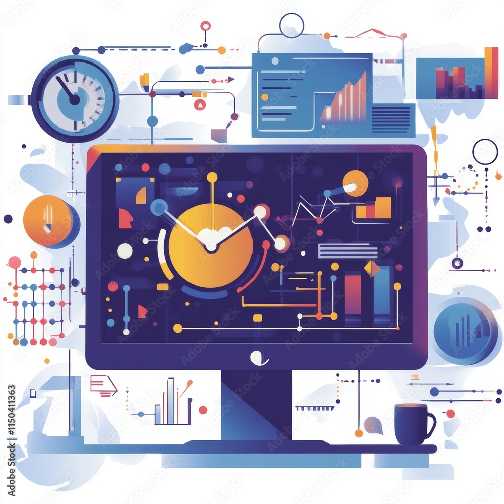 Poster complex data visualization and analytics displayed on a modern computer screen in a creative workspa
