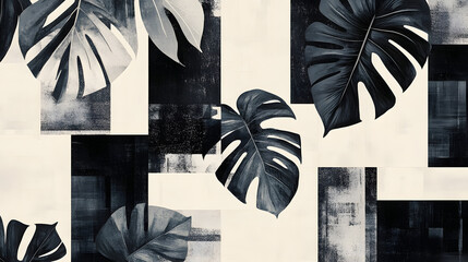 A minimalist tropical patchwork with monochrome monstera patterns simple floral sketches and clean geometric accents.