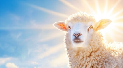 Naklejka premium A close-up of a sheep with sunlight shining behind it, creating a serene atmosphere.