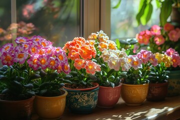 kalanchoe flowers in colorful pots arranged near a sunlit window, showcasing their intricate petals and vibrant colors