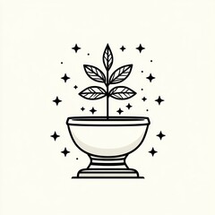 A stylized plant sprouts magically in a decorative pot