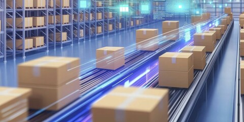 Busy warehouse with boxes moving along the conveyor belt in industrial setting full of logistical operations and storage activities.