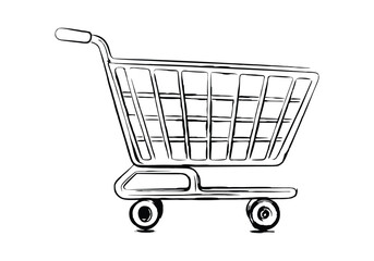Minimalist Continuous Line Art of a Shopping Cart with Basket, Wheels, and Handle in a Modern Retail Style