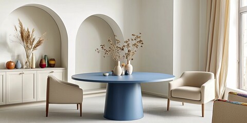 Elegant Round Table and Chairs in a Cozy Living Room with Soft Lighting and Warm Tones