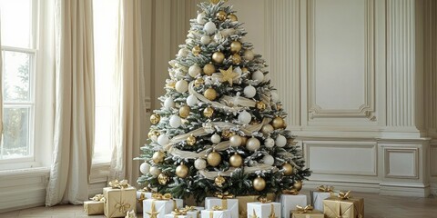 Festive Christmas tree adorned with colorful presents underneath branches in cozy holiday setting.