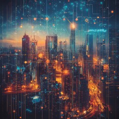 Fototapeta premium Vibrant City Skyline Illuminated at Night With Digital Overlays Showcasing Modern Technology Integration and Urban Energy