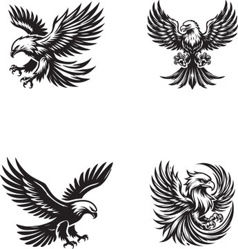 "Set of Four Detailed Eagle Silhouettes in Various Poses - Vector Illustration"