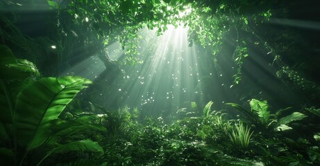 Sunbeams Illuminate Lush Green Tropical Forest Canopy