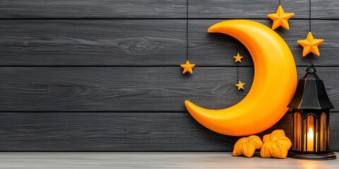 A photostock of a luxurious black garland with glowing gold crescent moons, lanterns, and stars, illuminated against a dark wooden background. High Quality