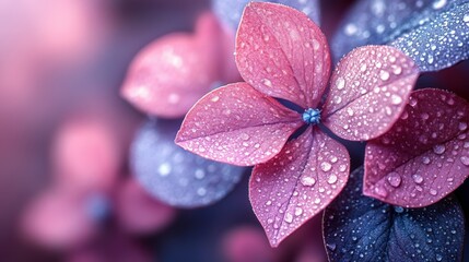 Close-up of dew-covered pink and purple flower petals.