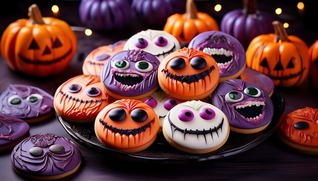 Generated image alloween party table decoration, candy pumpkin head jack lantern witch background, modern