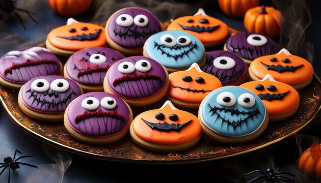 Generated image alloween party table decoration, candy pumpkin head jack lantern witch background, modern