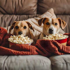 Two dogs are sitting on a couch and eating popcorn