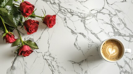 Roses, a blank card, and a cup of coffee create a romantic Valentine\'s Day atmosphere