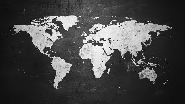 Black-white world map, stylish illustration with unique, vintage, textured details