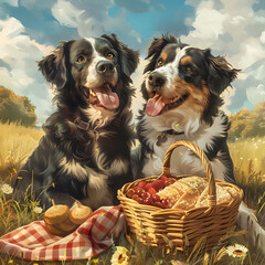 Two dogs are sitting in a field with a basket of food in front of them