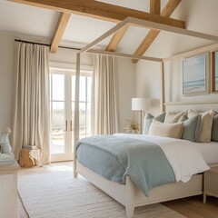 Modern Bedroom Design With Natural Light and Elegant Decor Featuring a Four-Poster Bed, Soft Textiles, and Harmonious Color Palette in a Serene Setting