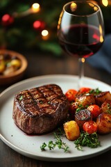 Romantic Candlelit Steak Dinner with Grilled Vegetables and Red Wine Glass Perfect for Valentine's Evening Celebration Concept