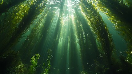 Sunbeams illuminate lush kelp forest underwater, creating a magical, ethereal scene.