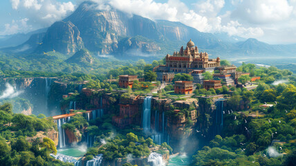 Fototapeta premium Majestic Temple Complex Amidst Waterfalls and Mountains 