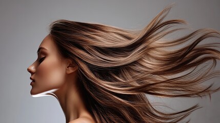 Fototapeta premium Beautiful female face with powerful silky hair developing in the wind. Naturalistic portrait of a young girl with shade hair. Concept of natural female beauty. Illustration for cover, interior design.