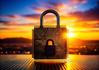 Secure Data Chip: Silhouette of Microchip with Padlock - Stock Photo